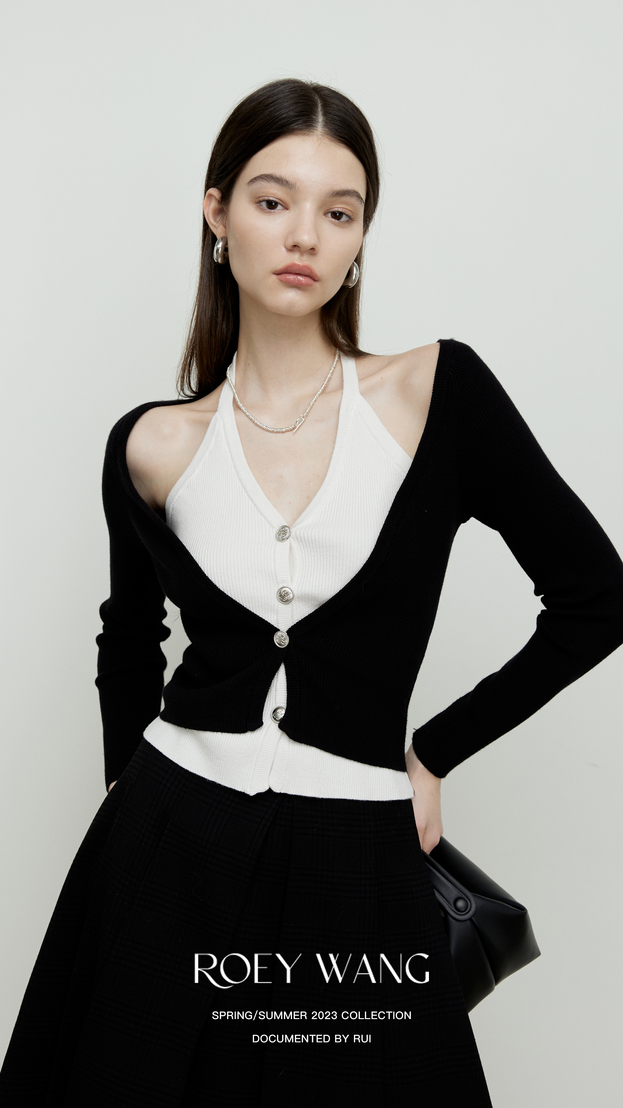 黑白撞色假两件羊毛针织开衫毛衣