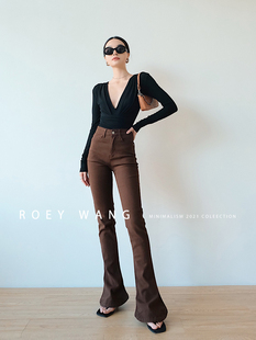 ROEYWANG 长腿滤镜2.0高腰修身显瘦垂感拖地微喇马蹄裤牛仔裤