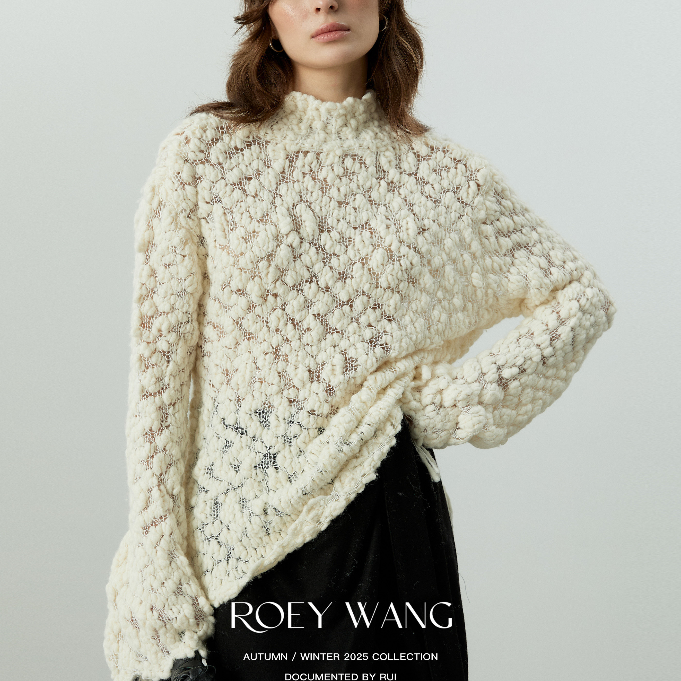 ROEYWANG半高领休闲打底衫粗针手工编织长袖镂空慵懒风针织衫毛衣