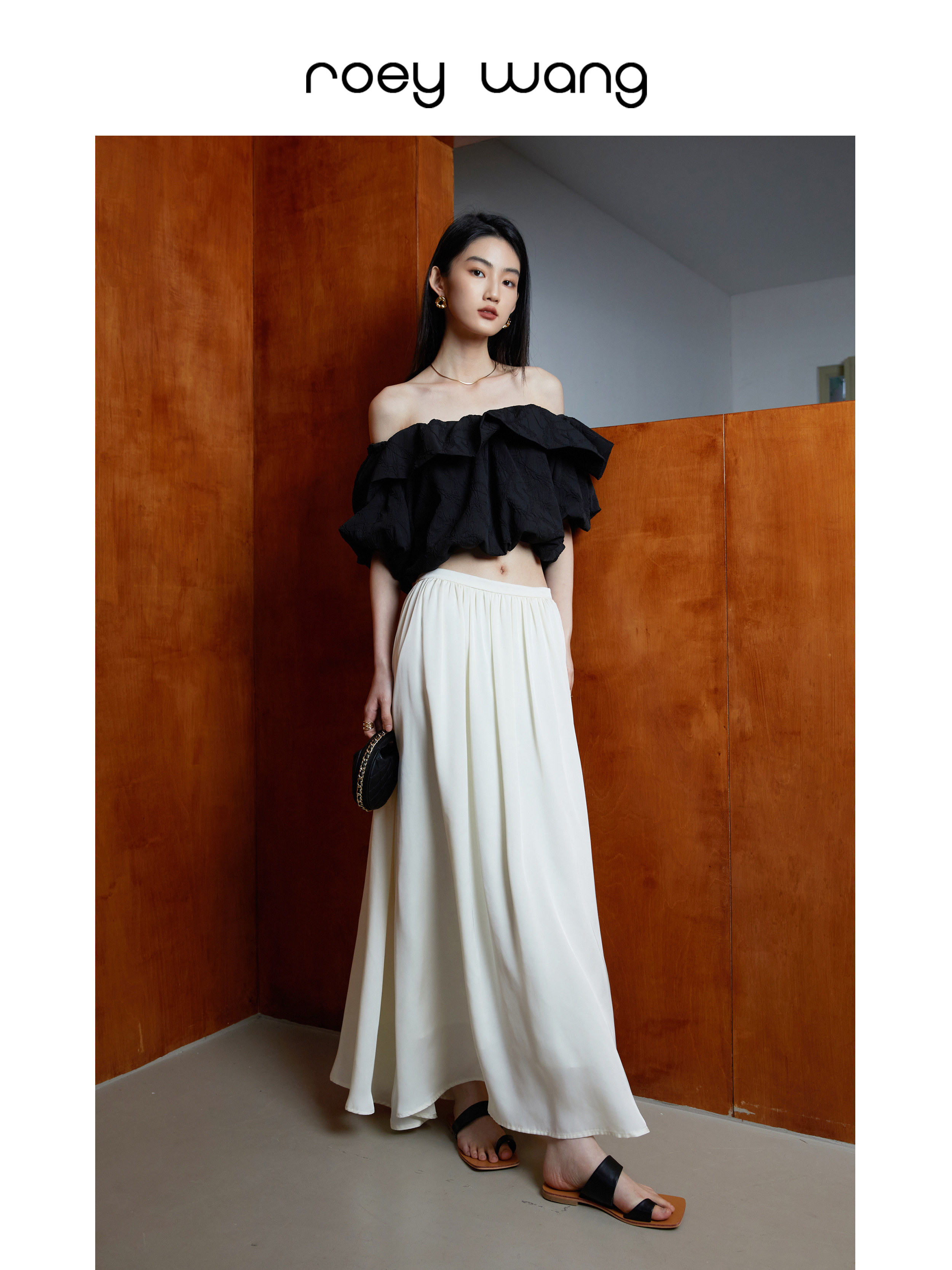 高级天丝柔感缎面舒适感垂感飘逸中长款褶皱宽松夏季半身裙