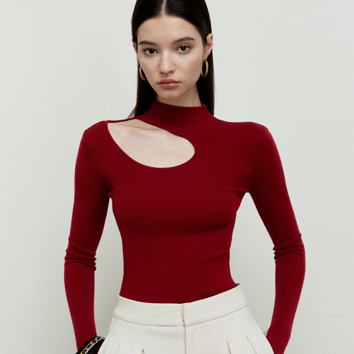 ROEYWANG软黄金60支精纺美丽奴羊毛打底针织衫女紧身镂空长袖毛衣