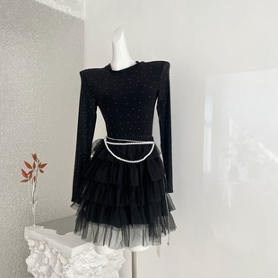 Barb Chill纯欲黑色连衣裙千金生日裙子女冬蛋糕裙烫钻收腰针织裙