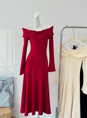 凌茜恣禾红色新年战袍法式针织连衣裙秋冬蕾丝一字肩生日千金长裙