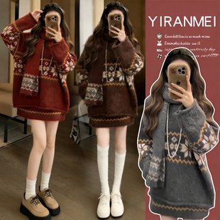 气质减龄圣诞新年红色围巾三件套套装 时尚 新款 2026冬季