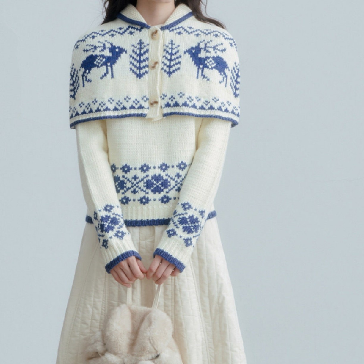 ANNATTO 原创设计秋冬米白色小鹿费尔岛斗篷圆领毛衣针织衫上衣