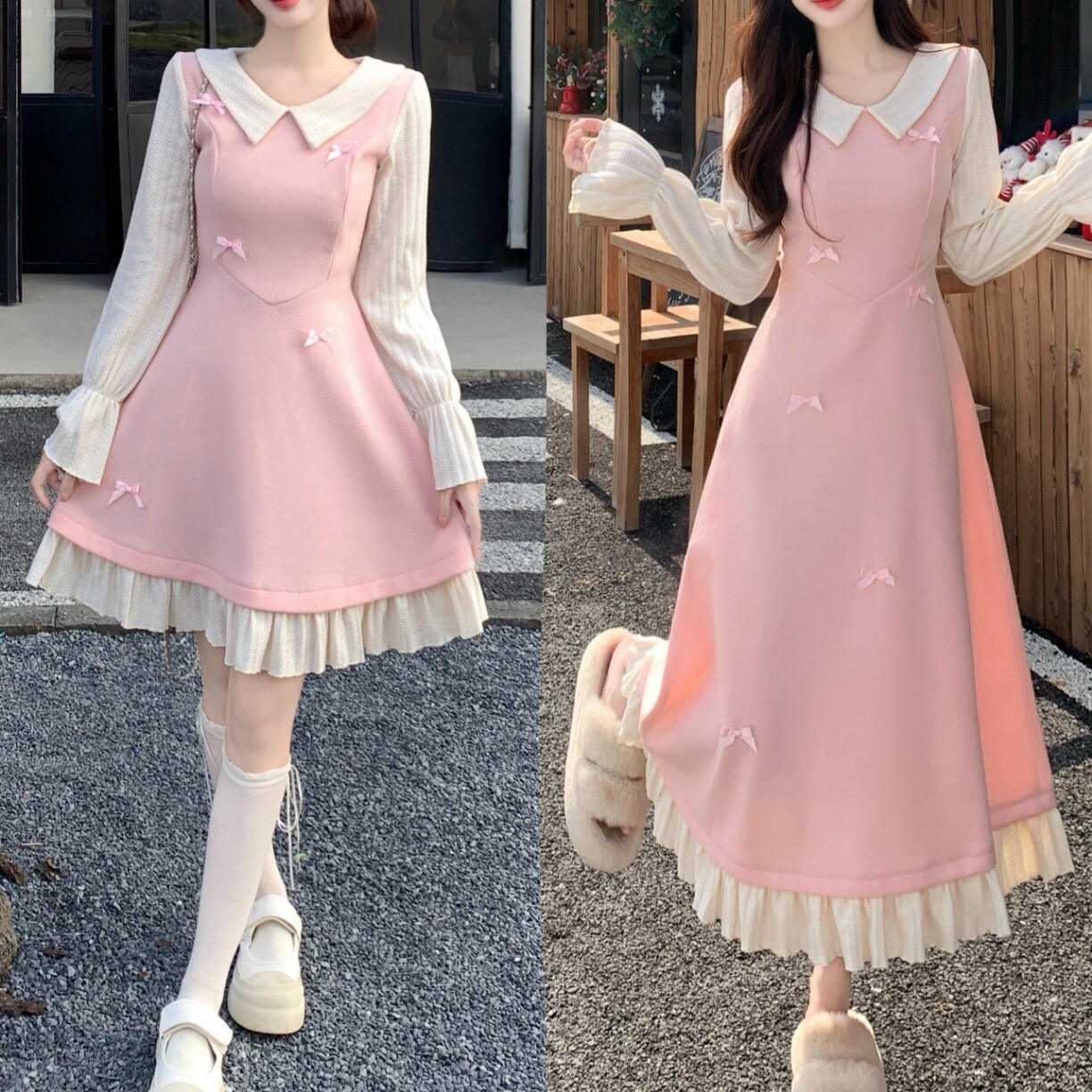 大码云端恋曲胖mm秋冬毛呢蝴蝶结娃娃领长袖连衣裙收腰显瘦A字裙