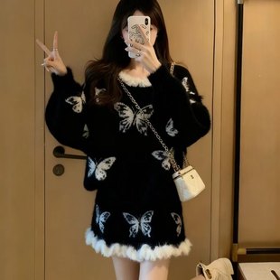 蝴蝶印花拼接毛边设计感针织套装 女2025秋冬慵懒风显瘦减龄两件套