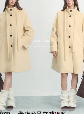 SPEAR YOUTH高知c位淡黄毛呢大衣长款通勤宽松立领宽松外套
