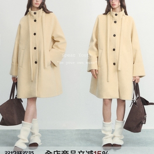 SPEAR 通勤宽松立领宽松外套 YOUTH高知c位淡黄毛呢大衣长款