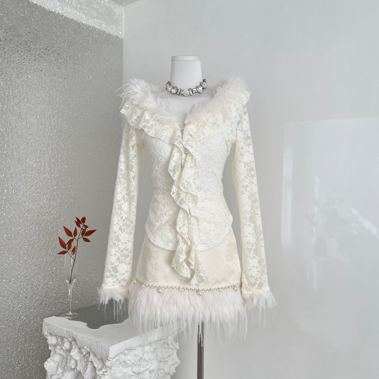 瑞茜·威瑟斯 京都贵女 冬季甜美修身显瘦蕾丝上半身裙套装