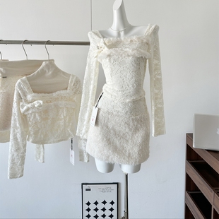 卷卷毛半裙套装 小羊卷卷 毛毛蕾丝拼接蝴蝶结上衣