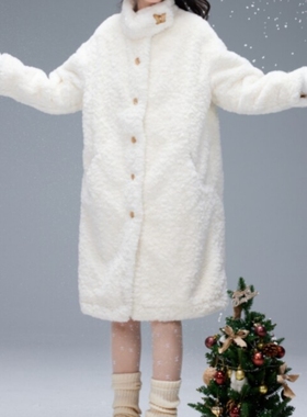 ELEVEN SLEEP冬季白色立领羊羔绒长款大衣女宽松保暖皮毛一体外套