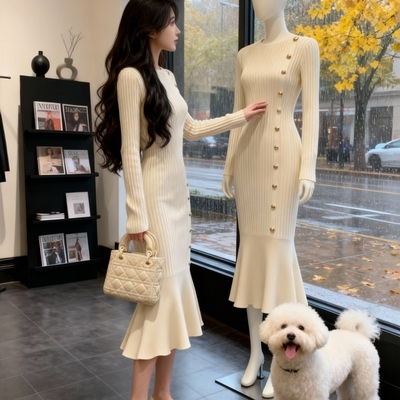 GT大衣内搭打底鱼尾针织连衣裙女2025秋冬新款高级感加厚毛衣长裙