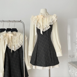 长袖 ～尤莉少女复古格纹连衣裙千金裙拼蕾丝收腰气质小裙子女秋 版