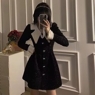 秋冬季 复古气质丝绒公主娃娃领收腰显瘦小黑裙连衣裙蓬蓬裙子 法式