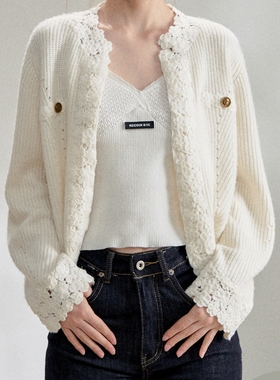 RECOIN R1C 蕾丝花边白色小香风毛衣外套女2025秋冬内搭针织开衫