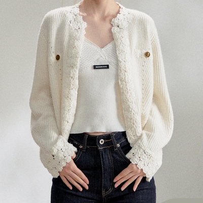 RECOIN R1C 蕾丝花边白色小香风毛衣外套女2025秋冬内搭针织开衫