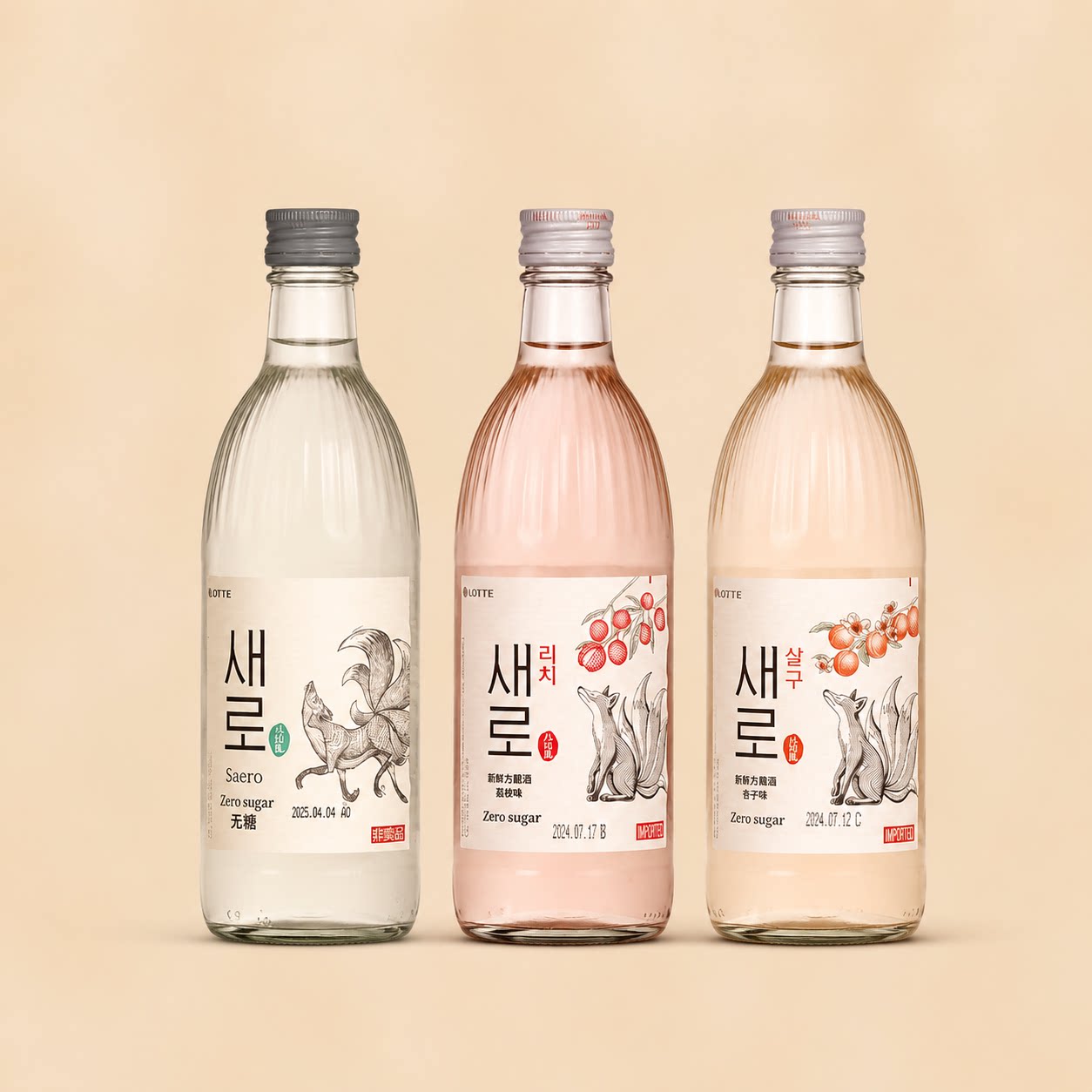 韩国进口Lotte/乐天初饮初乐新乐九尾狐烧酒淡丽辛口瓶无糖荔枝味