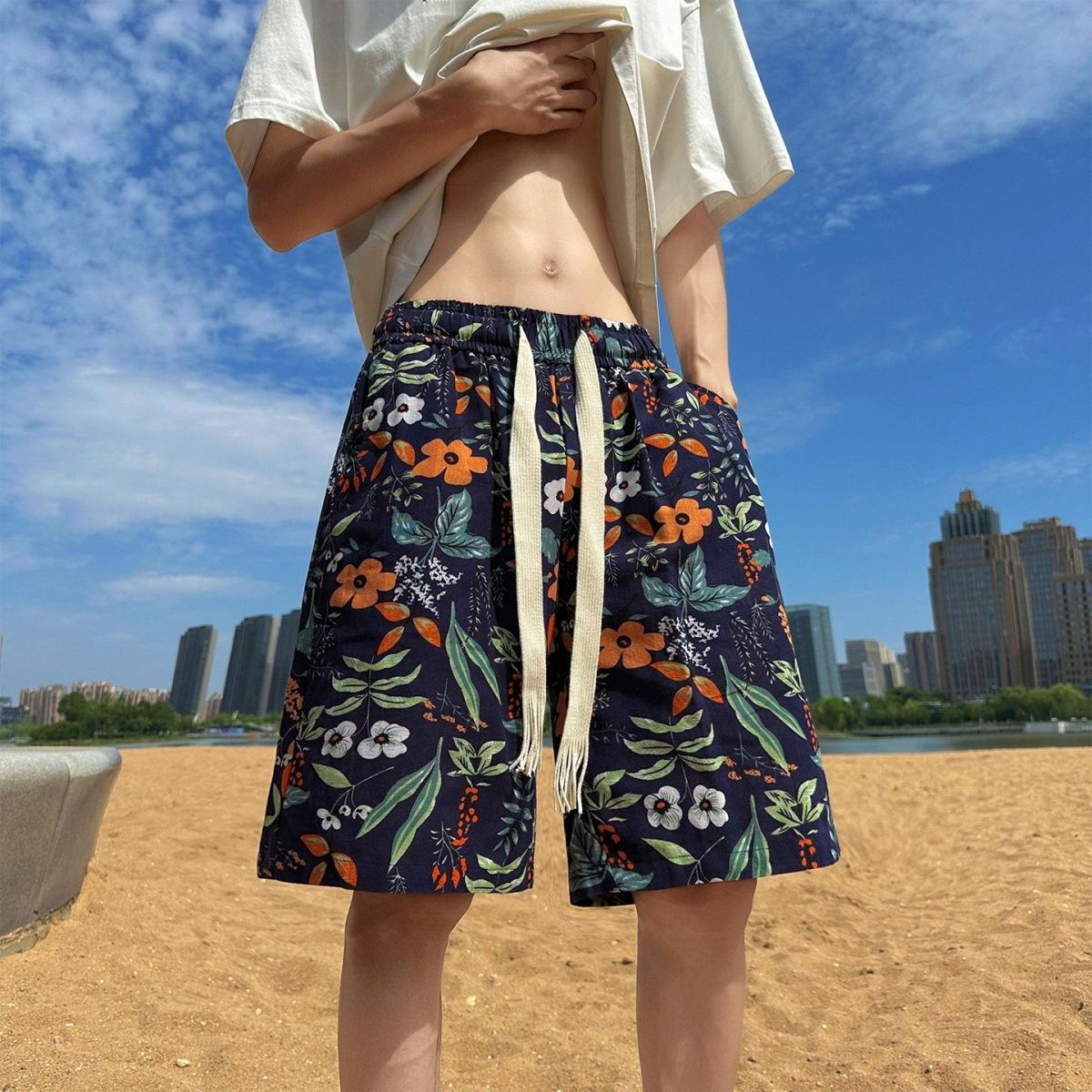 满印沙滩短裤男夏季薄款宽松直筒休闲中裤潮牌外穿海边度假五分裤