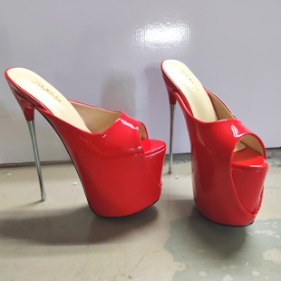 2025新款超高细跟漆皮红色拖鞋20cm钢跟大码女一字拖性感恨天高