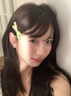 青柠汽水！爆闪满钻发夹绿色蝴蝶结珍珠发卡侧边夹高级感水钻发饰