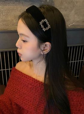 经典灰钻！闪闪方钻黑色丝绒发箍轻奢气质高颅顶头箍压发发卡发饰