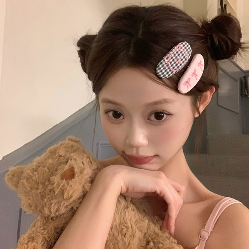 2个装 莓莓粉黑格！可爱刺绣小熊蝴蝶结掰掰夹碎发刘海夹侧边夹