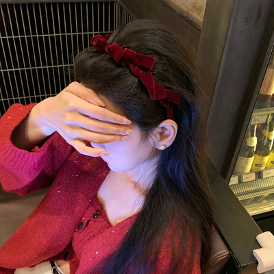 松露酒红！丝绒蝴蝶结发箍带齿波浪头箍法式增高颅顶发卡发捆头饰