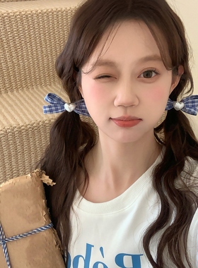 复古蓝白格子蝴蝶结发夹珍珠爱心鸭嘴夹学院少女侧边夹发卡发饰品