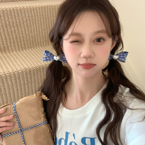 复古蓝白格子蝴蝶结发夹珍珠爱心鸭嘴夹学院少女侧边夹发卡发饰品