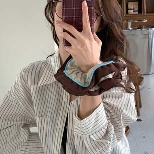 可露丽色系 复古蓝咖撞色条纹发圈双层头绳韩系高级感大肠圈发饰