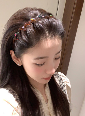 彩色水钻波浪发箍增高颅顶发卡法式复古头箍外戴时尚发饰洗脸头饰