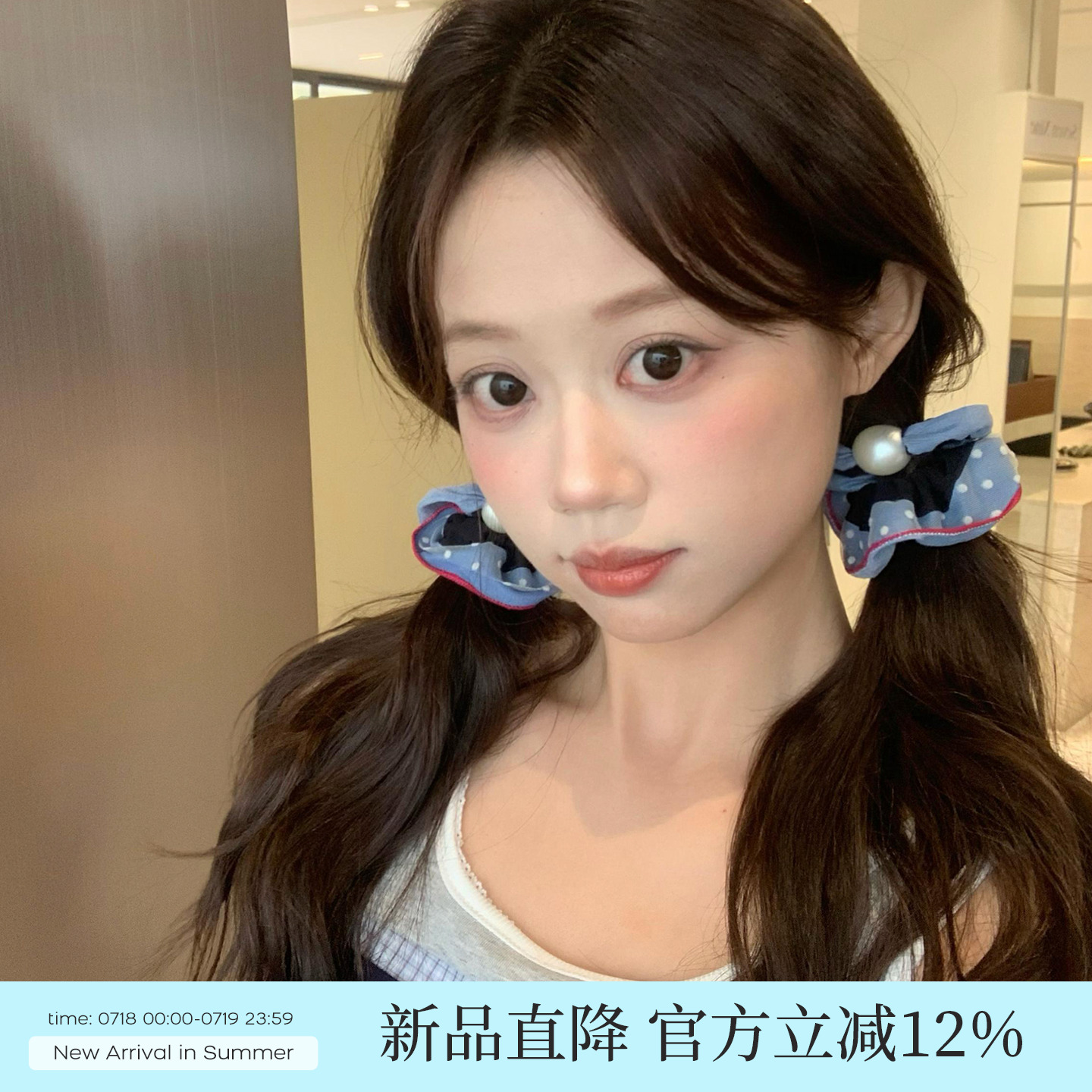 复古珍妮~网纱波点牛仔花边发圈质感珍珠小肠圈发绳马尾皮筋发饰