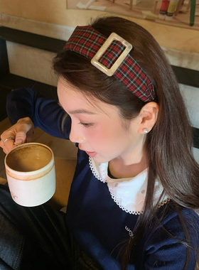 复古学院风方扣格纹发箍慵懒气质宽边头箍高颅顶发卡韩系少女发饰
