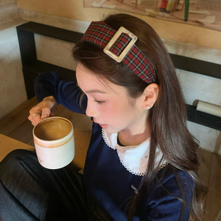复古学院风方扣格纹发箍慵懒气质宽边头箍高颅顶发卡韩系少女发饰