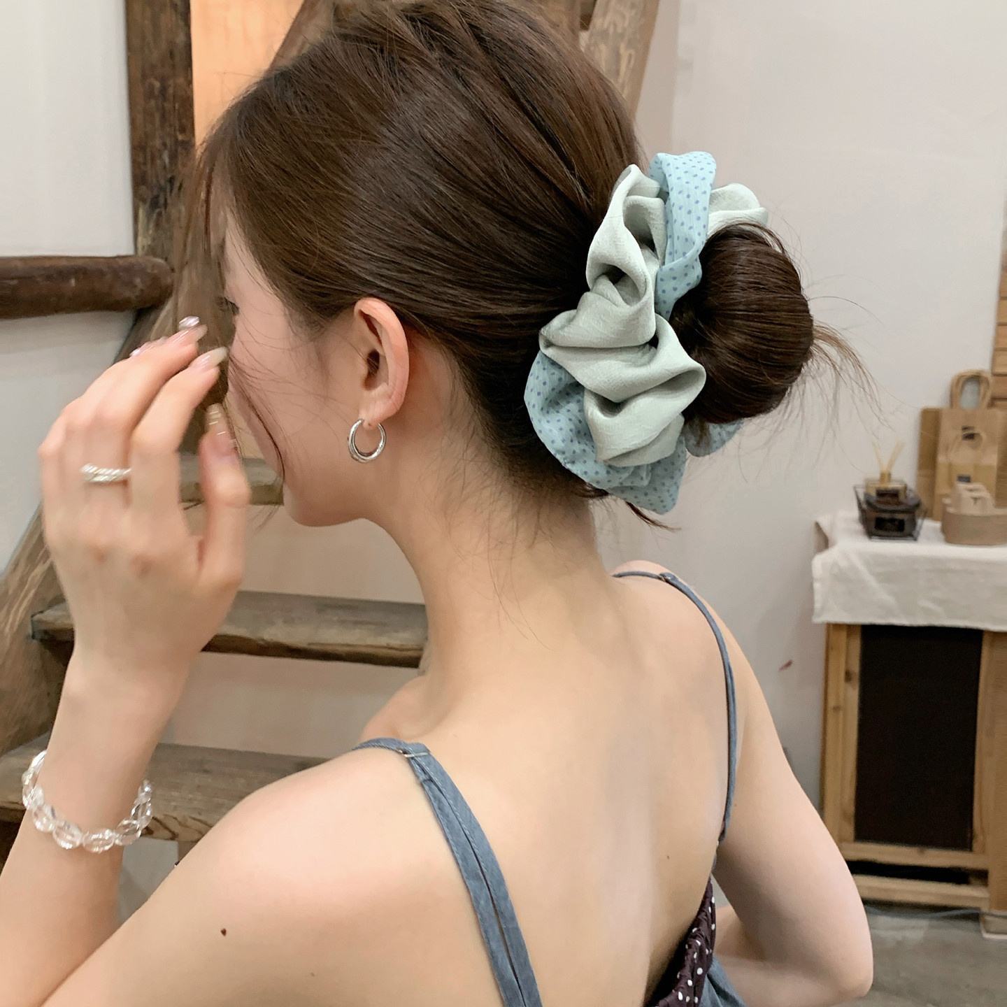 温柔气质波点缎面麻花发圈韩系丸子头大肠圈头绳慵懒风扎马尾发饰