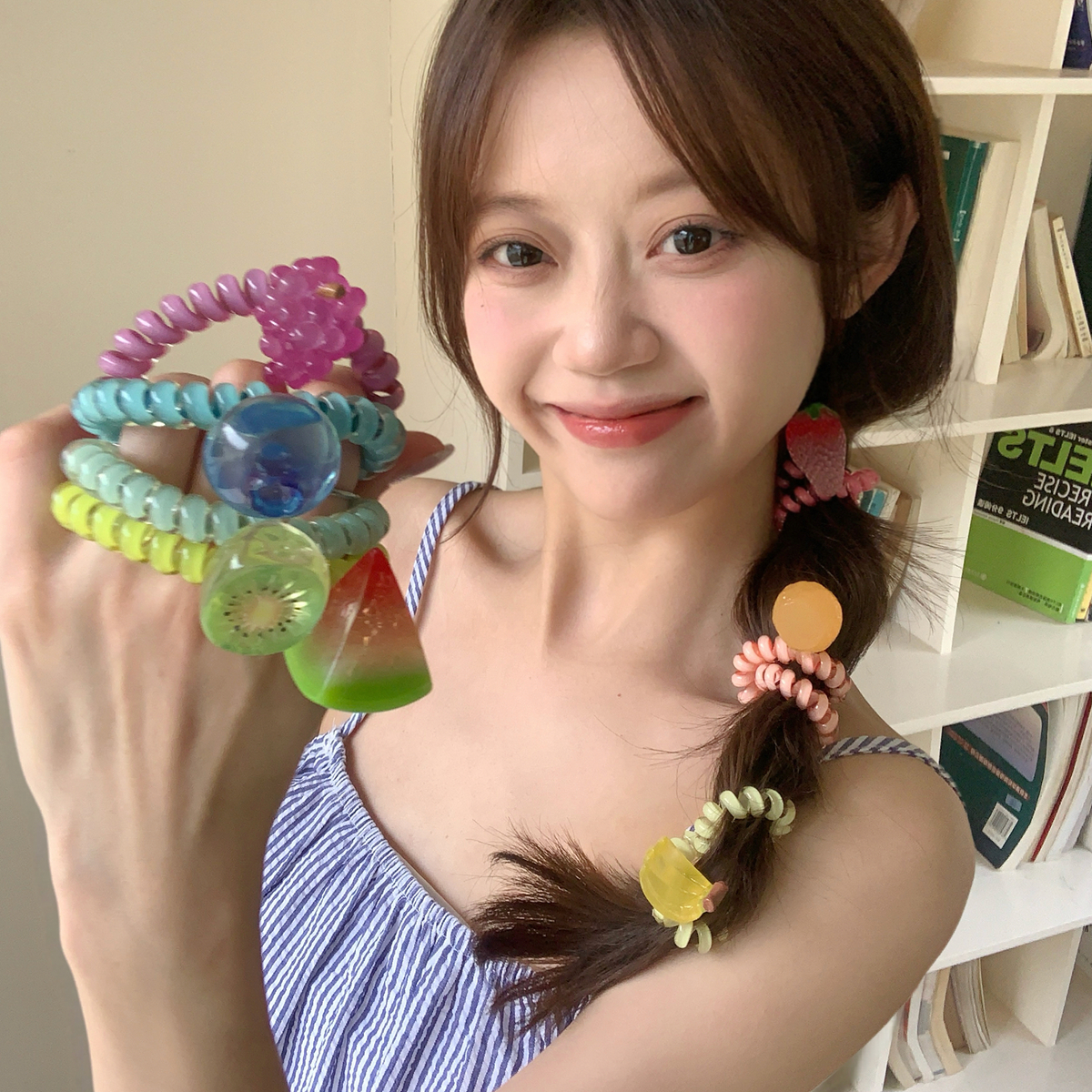 硬糖水果系列！可爱草莓香蕉发圈趣味少女糖果色电话圈发绳发饰品