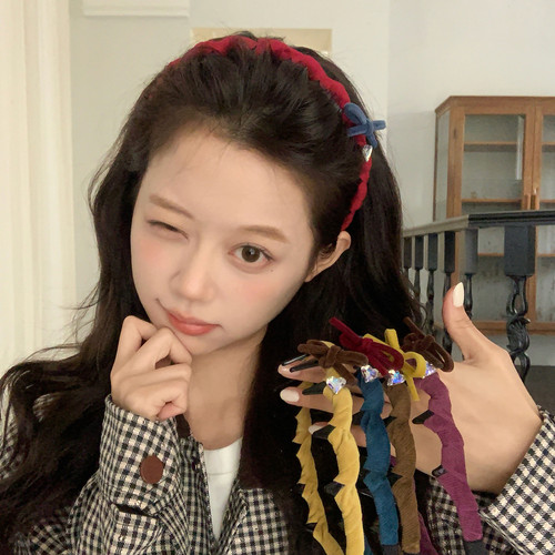 复古灯芯绒水钻蝴蝶结发箍带齿波浪头箍增高颅顶发卡外戴日常发饰