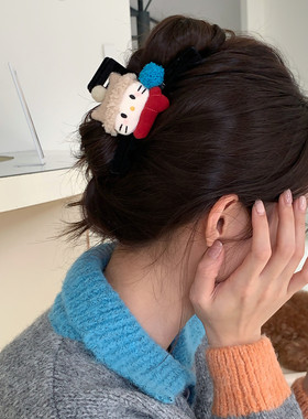 可爱卡通猫咪毛球植绒抓夹蝴蝶结鲨鱼夹少女后脑勺盘发夹子发饰品