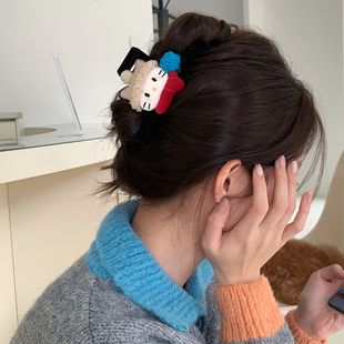 可爱卡通猫咪毛球植绒抓夹蝴蝶结鲨鱼夹少女后脑勺盘发夹子发饰品
