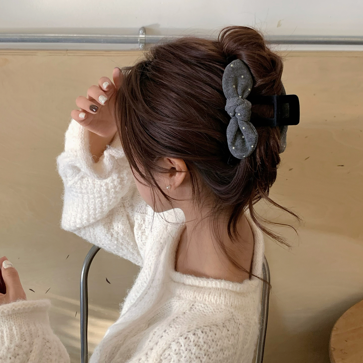 嗲嗲的灰波点~甜美针织蝴蝶结抓夹发抓丝绒兔耳朵发绳头绳发饰品
