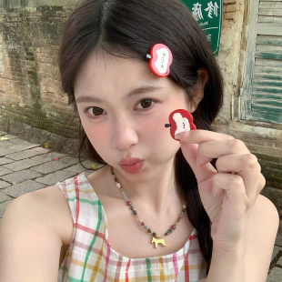 醋酸红苹果小狗猫咪发夹鸭嘴夹可爱少女感碎发刘海夹边夹发卡发饰