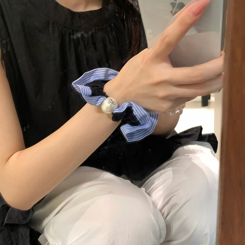 智系女友！蓝条纹花边珍珠小肠圈发绳精致蝴蝶结发圈头绳扎发皮筋