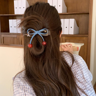 浆果少女！樱桃牛仔蝴蝶结扭扭夹复古百搭一字抓夹高级感盘发横夹