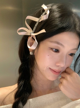 芭蕾风闪钻丝带蝴蝶结发卡侧边刘海碎发夹一字夹发饰缎带侧边夹子