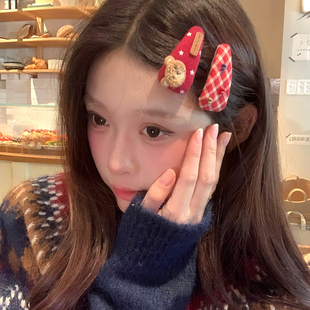 饼干小熊发夹可爱格纹星星刘海夹发卡边夹韩系少女BB夹发饰 2个装