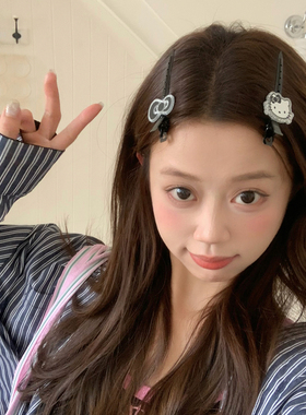 1对装 细闪黑银猫咪化妆夹蝴蝶结发卡一字定位夹蓬松发根刘海夹子