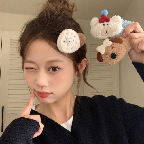 可爱曲奇小熊卷卷毛bb夹少女心掰掰夹侧边边夹发卡毛绒绒发饰头饰