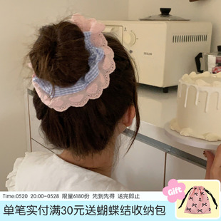 薄荷甜桃 蕾丝花边格子大肠发圈女高级感头饰发绳头绳发饰2024新