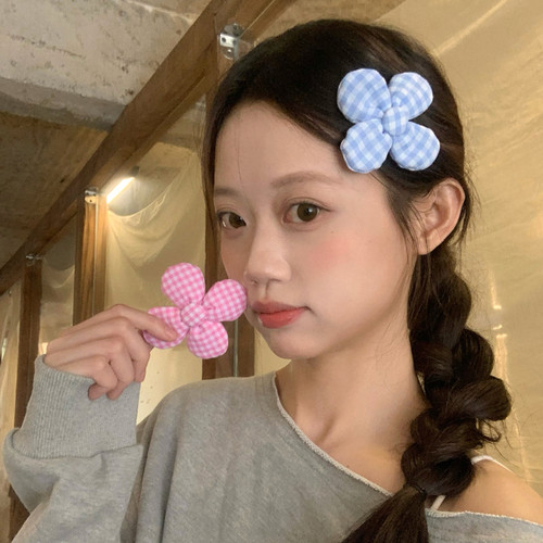 花花少女！韩系可爱格纹花朵发夹布艺BB夹刘海夹侧边夹子发卡发饰